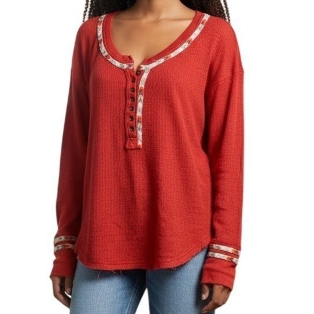 FREE PEOPLE WE THE FREE Rainbow Thermal‎ Waffle Knit Embroidered Henley Top M